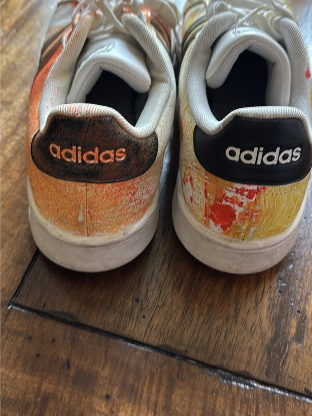 adidas White Low-Top Sneakers with Yellow, Orange & Red Splatter
